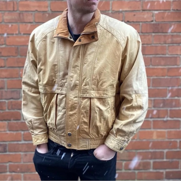 Wilsons Adventure Bound VTG Cream Yellow Leather Bomber Collared Pilot's Jacket - Picture 1 of 13